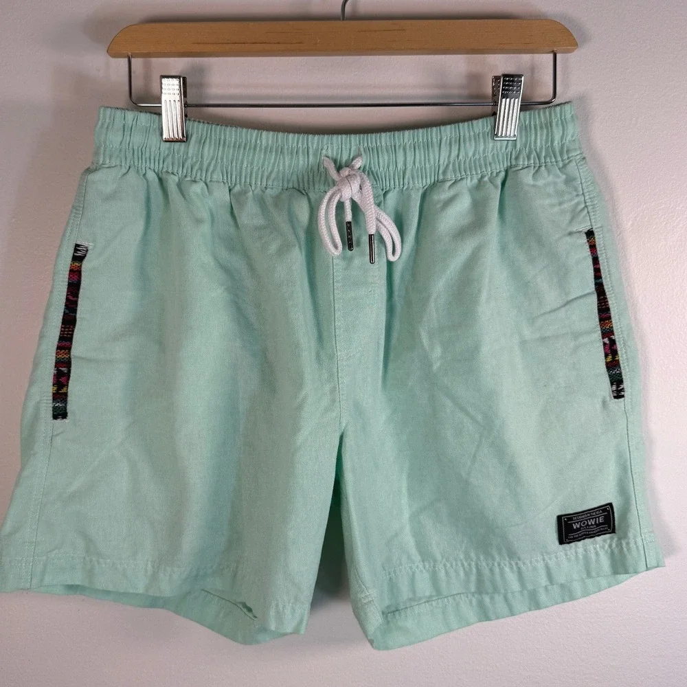 Wowie Aztec Shorts Men L Mint Green Geometric Trim Drawstring Casual Unlined EUC